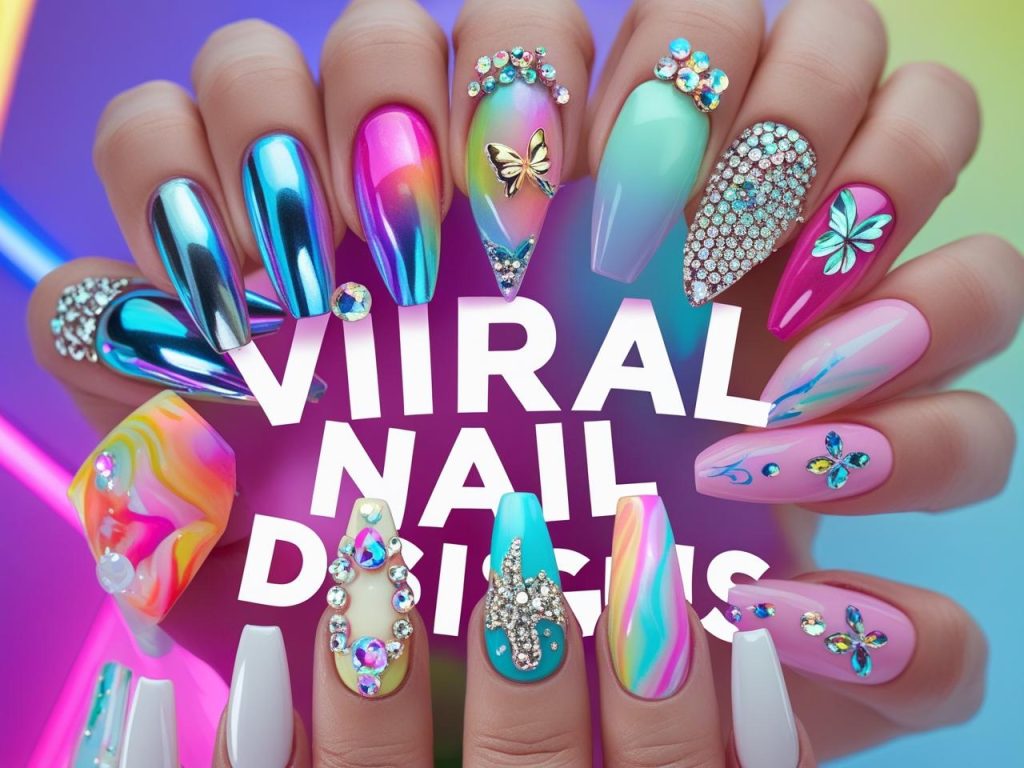Collage of viral nail designs featuring chrome, aura, 3D embellishments, butterfly art, ombré pastels, rhinestones, and abstract swirls on trendy nail shapes with a vibrant background.
