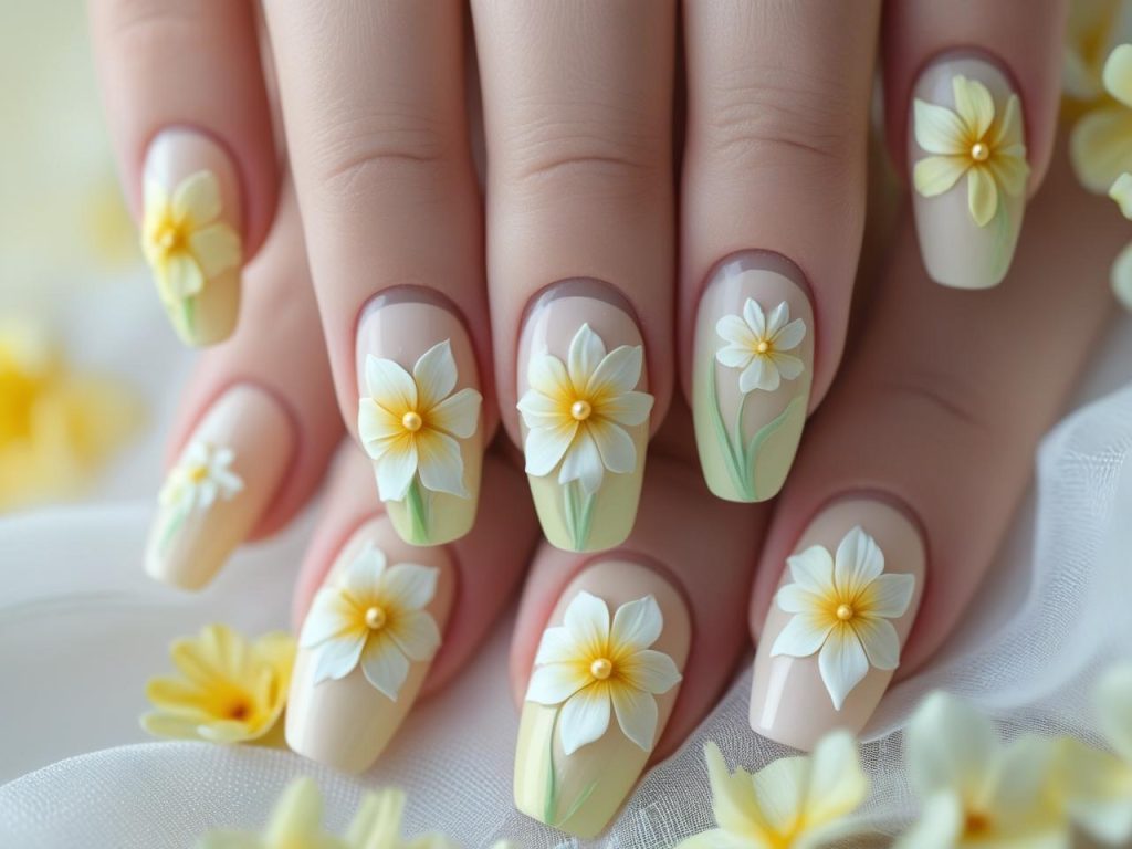 Pastel Nail Designs 2025: Soft and Chic Trends for Stunning Manicures 9 Floral pastel nail designs with pastel yellow flowers for 2025