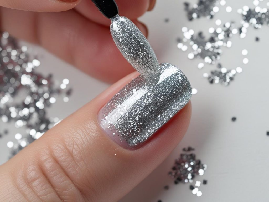 “Creating silver glitter nail designs for 2025 inspiration.”