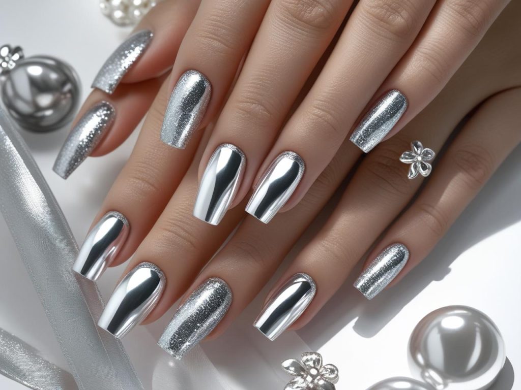  “2025 silver nail designs with foil, glitter, French tip, and floral effects for Pinterest inspiration.”