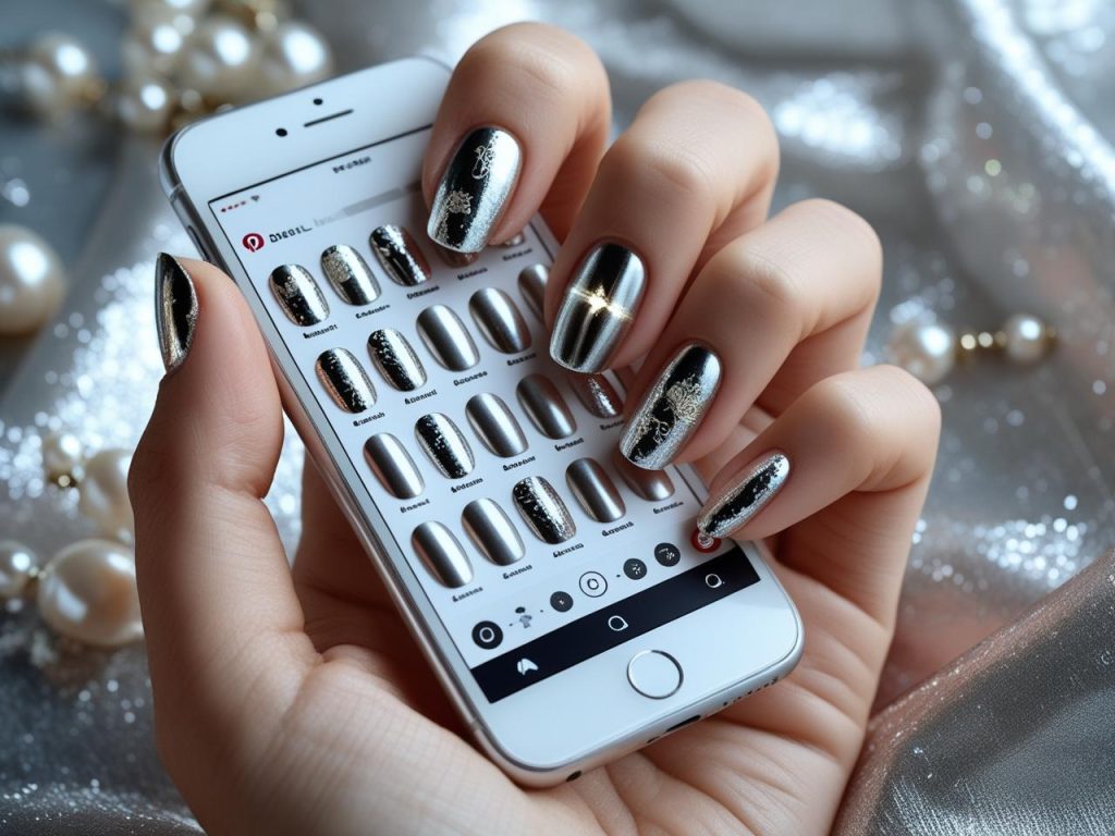 “Silver foil round nails on a Pinterest board, showcasing 2025 silver nail trends.”