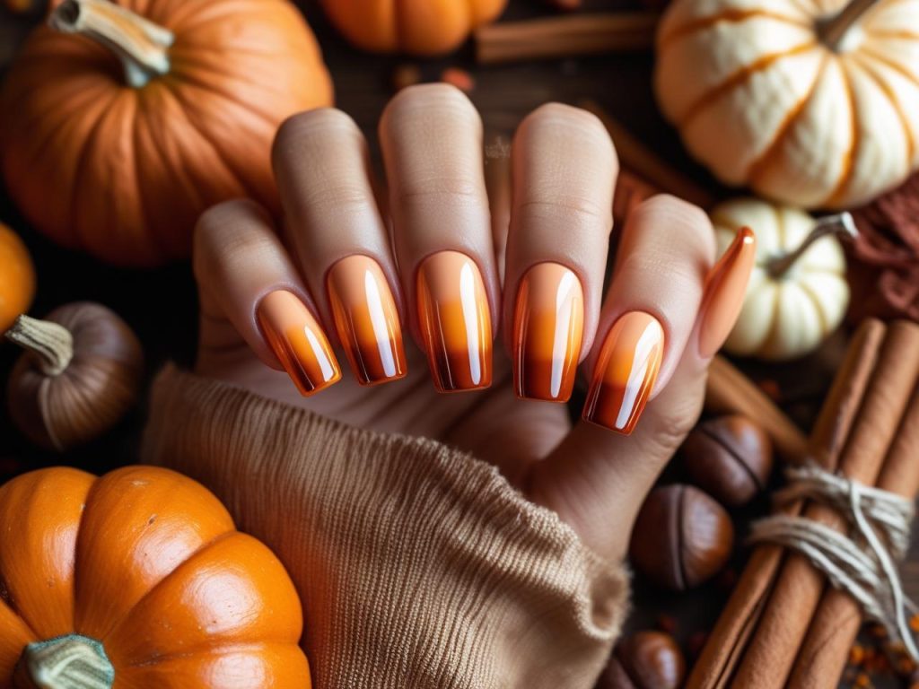  Burnt orange ombré fade autumn nail designs with peach to orange gradient.