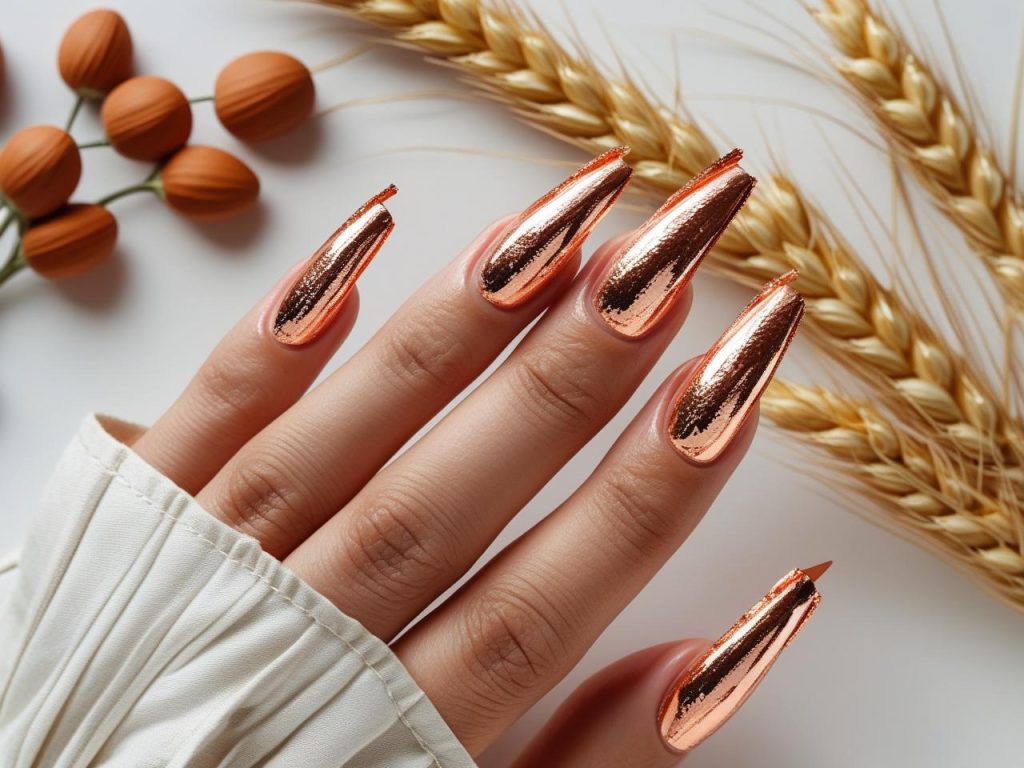  Creating shimmering copper foil tip autumn nail designs with copper edges.
