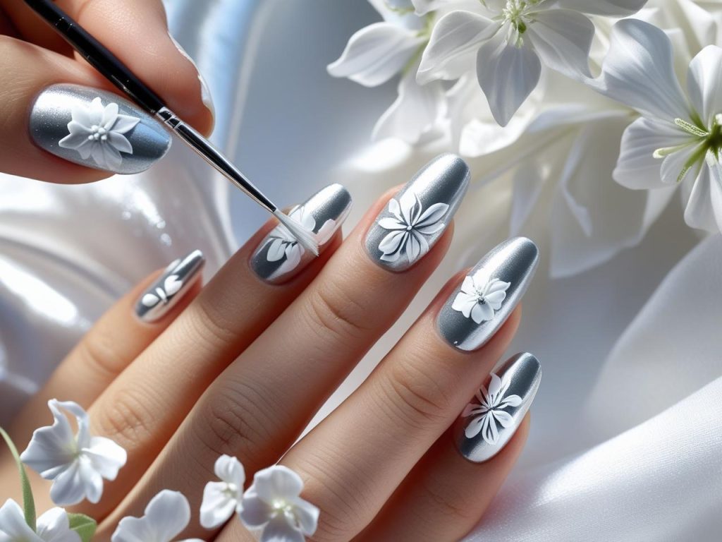 Creating silver floral nail designs for 2025 inspiration.”