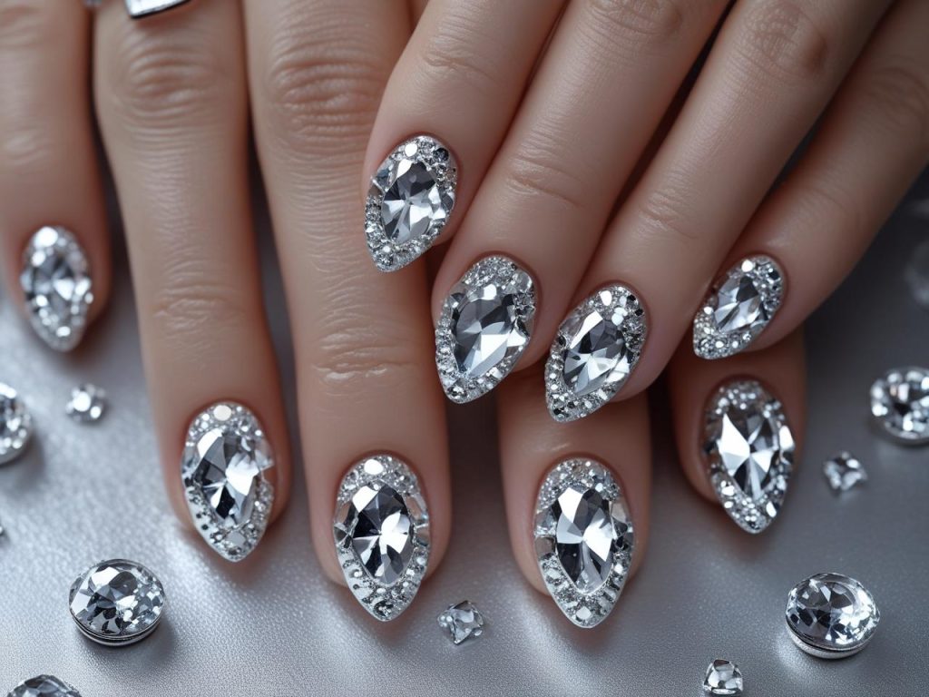 “Silver gemstone nail designs with clear gems for 2025.”