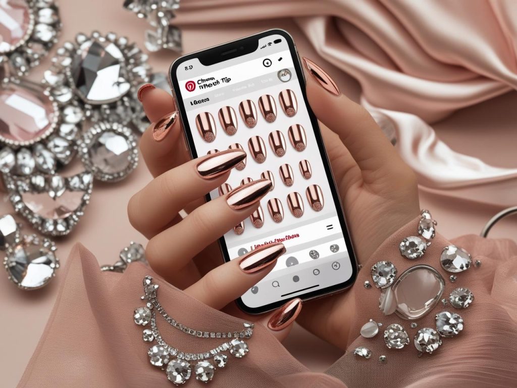  Rose gold shimmer tip chrome French nails with metallic edges on a Pinterest board.