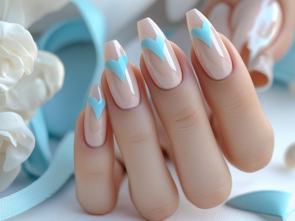 “Colored reverse French nail designs with pastel blue lunula for 2025.”