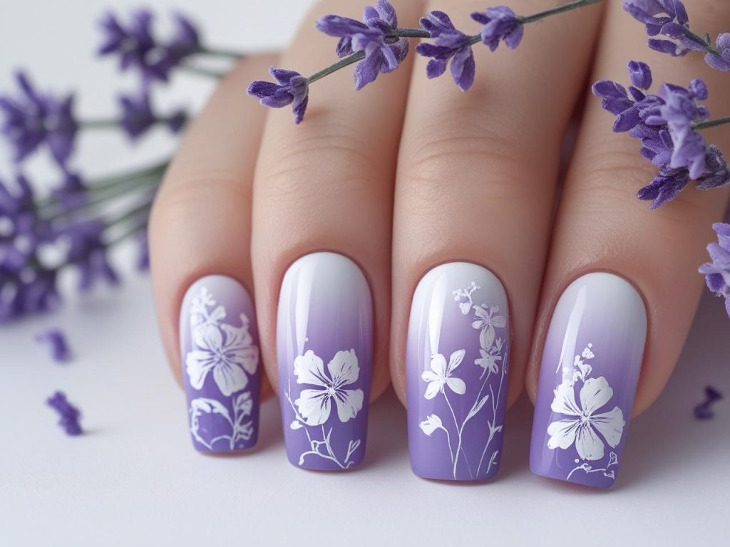  “Floral ombre nail designs with lavender-to-white gradient and flowers for 2025.”
