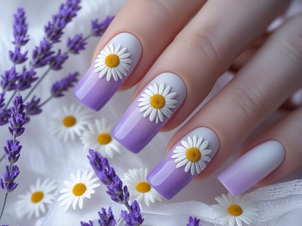 Daisy Nail Art 2025: Playful and Romantic Trends for Stunning Manicures 10 “Ombre daisy nail art with lavender-to-white gradient and daisies for 2025.”