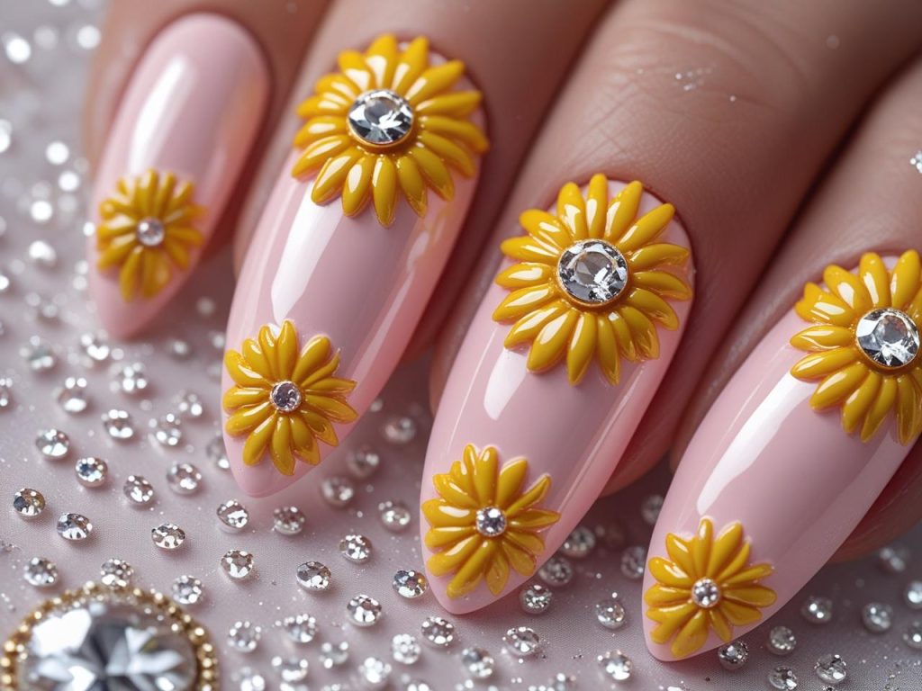 Sunflower Nails 2025: Vibrant and Cheerful Trends for Stunning Manicures 12 “Gemstone sunflower nail designs with clear gemstone centers for 2025.”