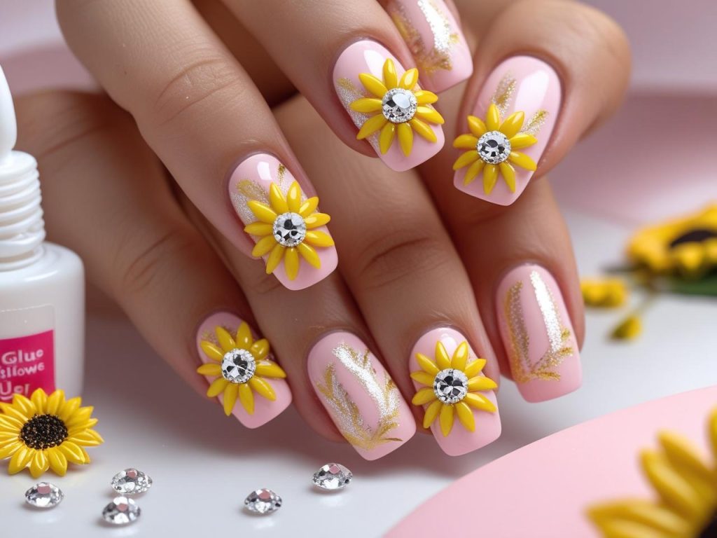 Sunflower Nails 2025: Vibrant and Cheerful Trends for Stunning Manicures 13 “Creating gemstone sunflower nail designs for 2025 inspiration.”