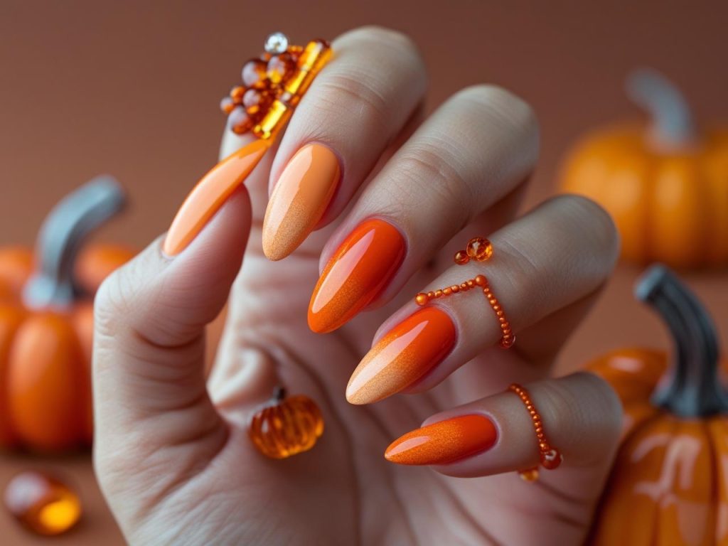 Creating burnt orange ombré fade autumn nail designs with gradient polish.