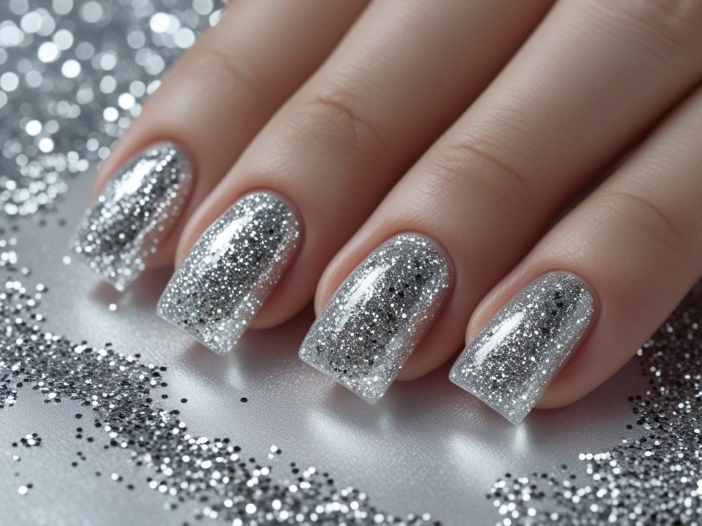 “Silver glitter nail designs with sparkling silver finish for 2025.”