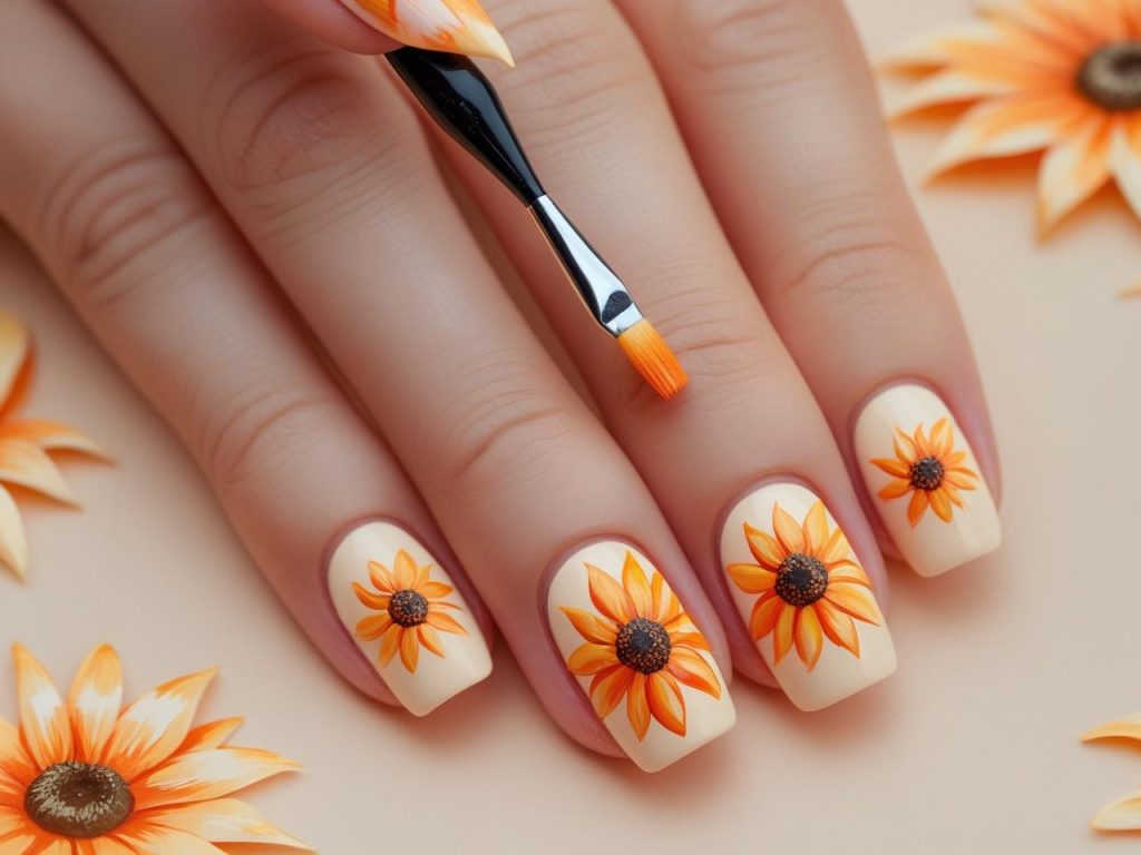 Sunflower Nails 2025: Vibrant and Cheerful Trends for Stunning Manicures 9 “Creating colored sunflower nail designs for 2025 inspiration.”
