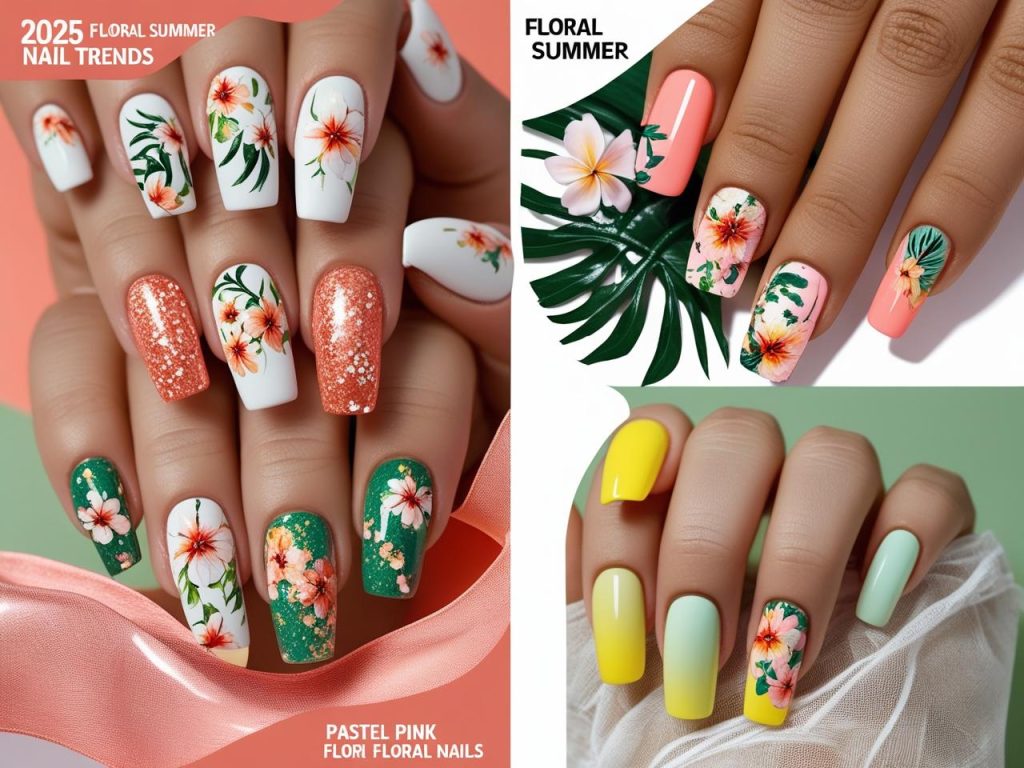 Floral Summer Nails 2025: Bright and Romantic Trends for Stunning Manicures 4 Top 2025 floral summer nail trends featuring classic, glitter, tropical, and ombre floral designs for Pinterest inspiration