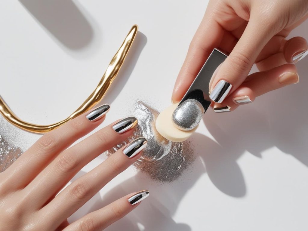 Viral Nail Designs: Bold and Shareable Manicures for Every Style 6 Creating chrome Pinterest nail trends with metallic powder