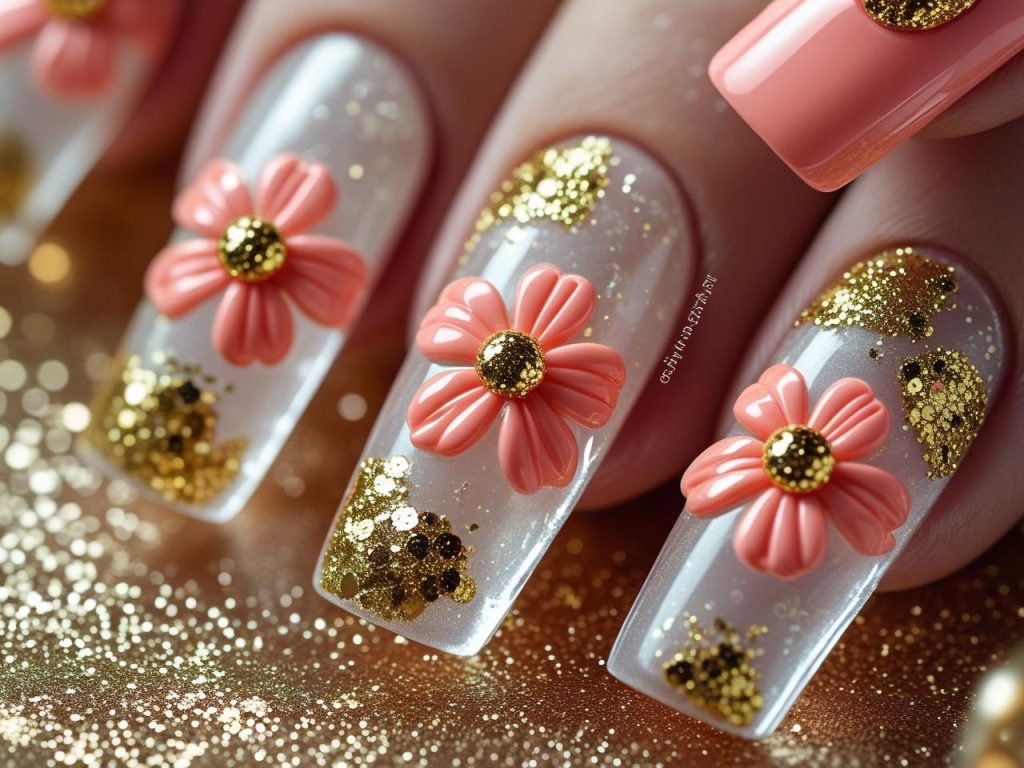 Floral Summer Nails 2025: Bright and Romantic Trends for Stunning Manicures 7 Glitter floral summer nail designs with coral flowers and gold glitter for 2025
