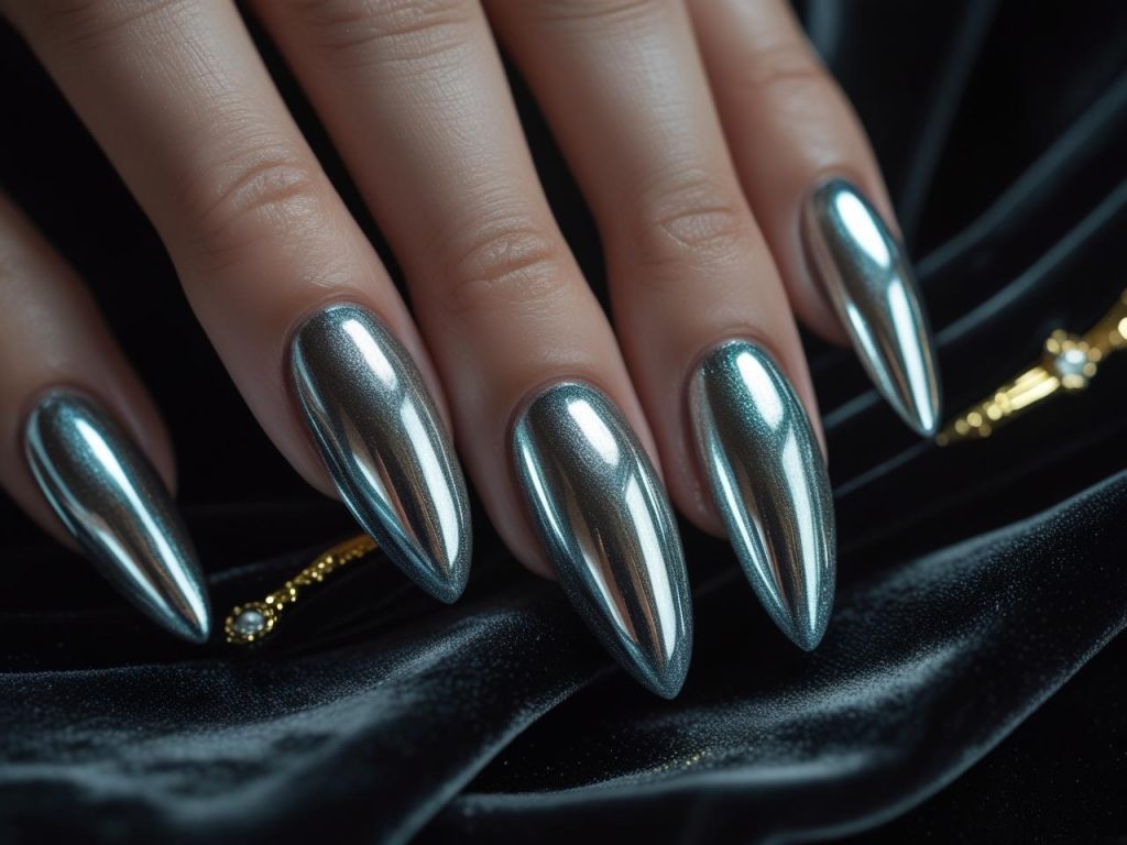 Viral Nail Designs: Bold and Shareable Manicures for Every Style 5 Chrome Pinterest nail trends with metallic silver polish.