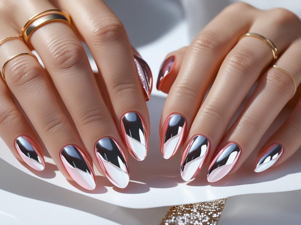 A close-up of elegant hands with perfectly manicured chrome French tip nails, featuring a glossy nude or soft pink base and reflective silver chrome tips. Nails are almond-shaped, photographed under bright studio lighting to highlight the mirror-like metallic shine. Minimalist jewelry like thin gold rings and a delicate bracelet adds sophistication. Background is clean and modern, with soft white tones and subtle sparkle, perfect for a high-end beauty blog or Pinterest cover photo.