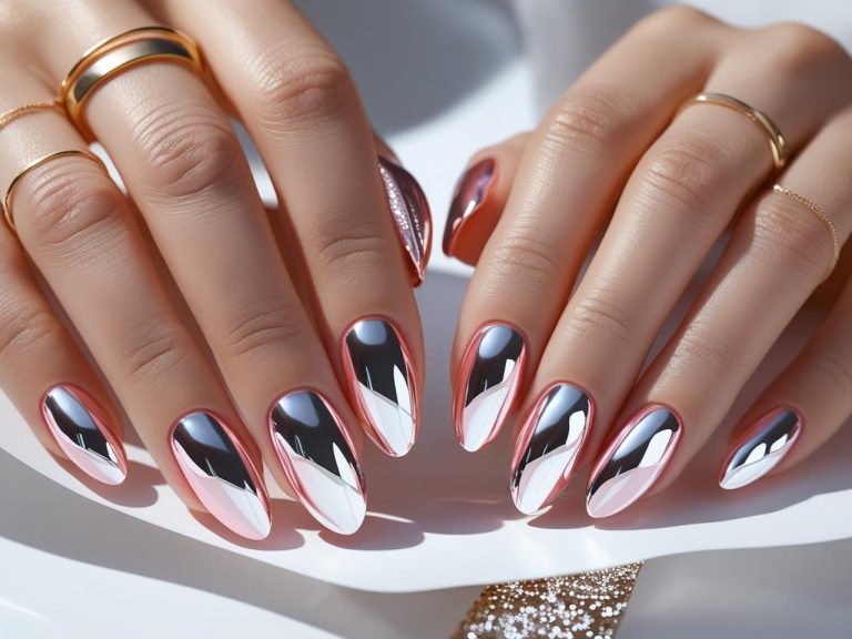A close-up of elegant hands with perfectly manicured chrome French tip nails, featuring a glossy nude or soft pink base and reflective silver chrome tips. Nails are almond-shaped, photographed under bright studio lighting to highlight the mirror-like metallic shine. Minimalist jewelry like thin gold rings and a delicate bracelet adds sophistication. Background is clean and modern, with soft white tones and subtle sparkle, perfect for a high-end beauty blog or Pinterest cover photo.