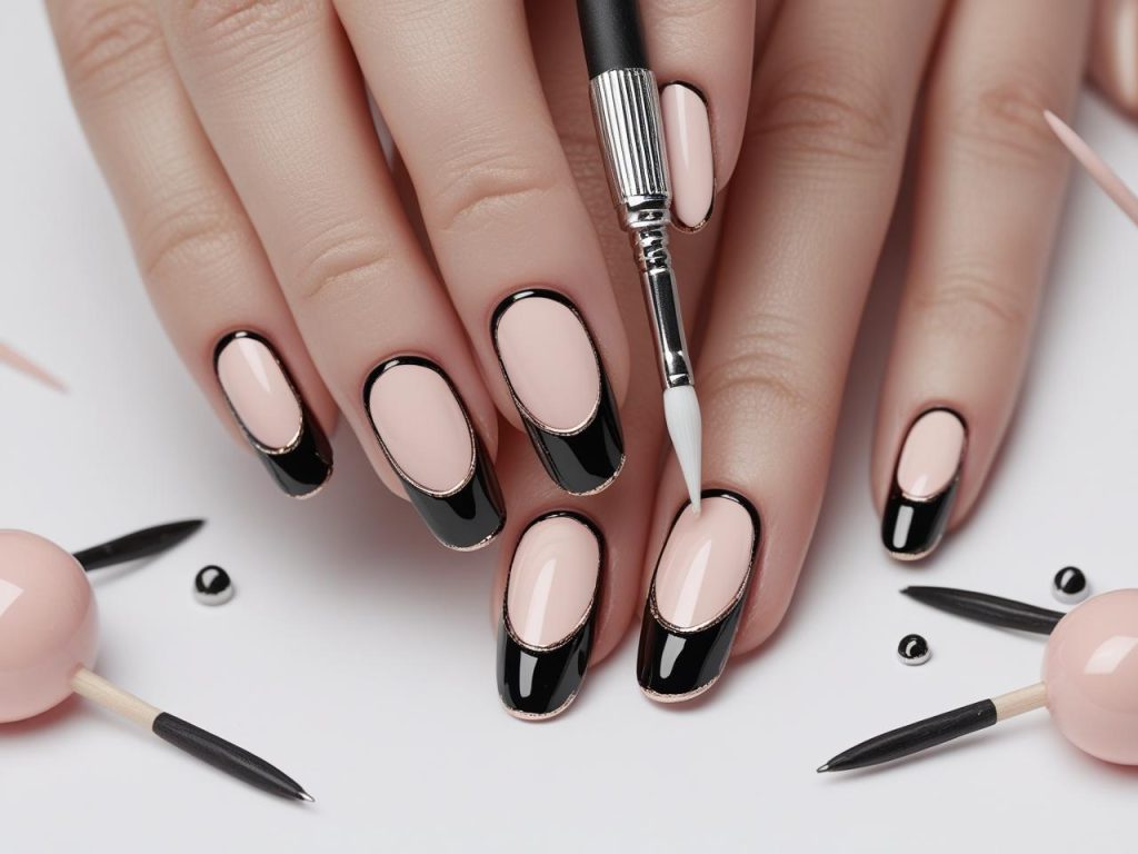 Creating bold black chrome outline chrome French tip nails with black chrome polish