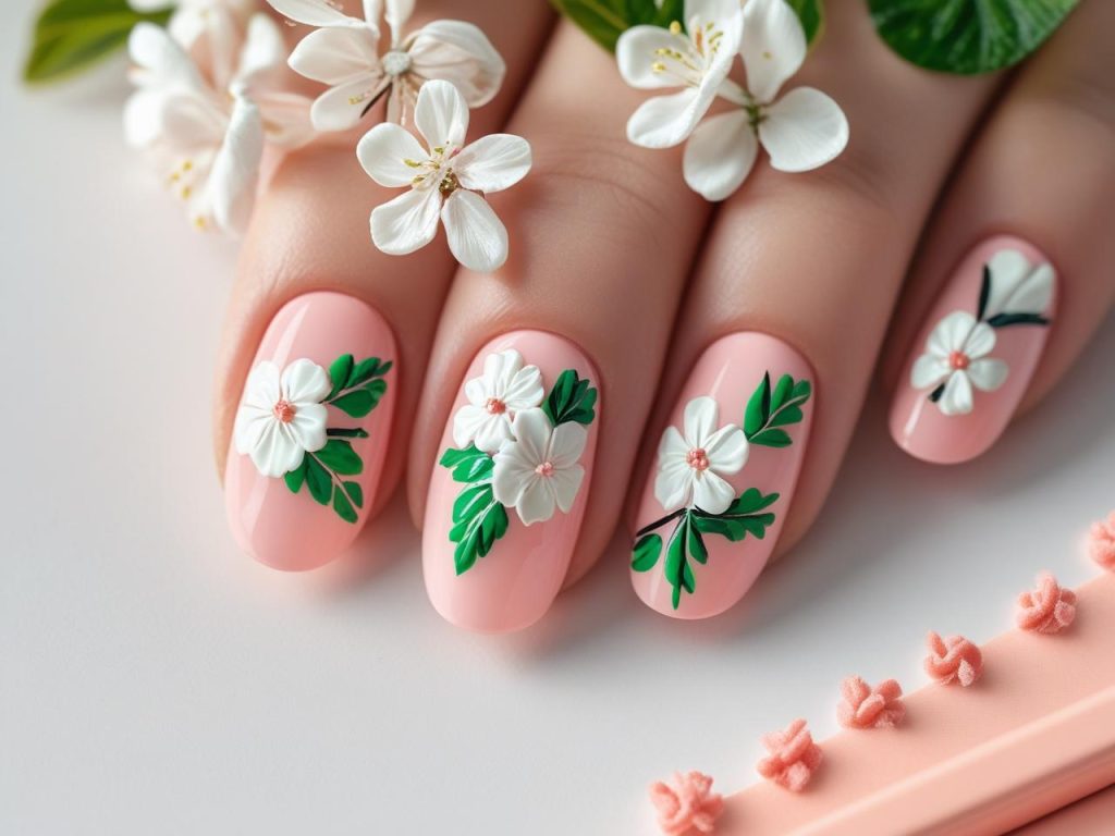 Floral Summer Nails 2025: Bright and Romantic Trends for Stunning Manicures 5 Classic floral summer nail designs with white flowers and green leaves for 2025