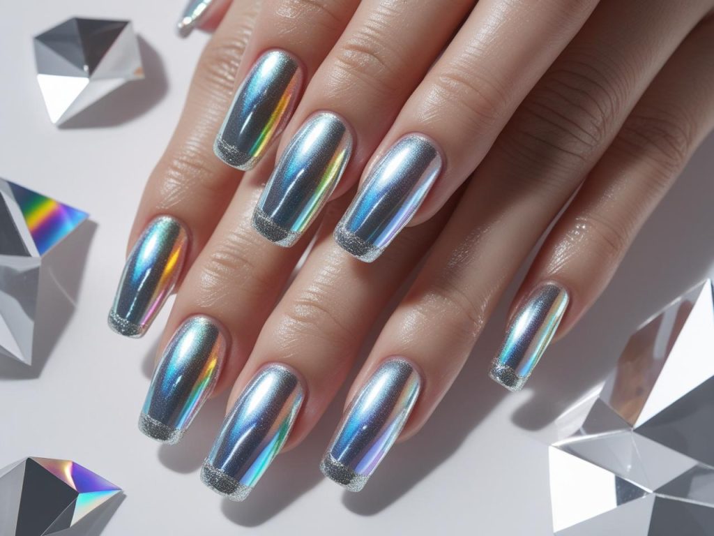 Creating iridescent silver edge chrome French tip nails with chrome polish