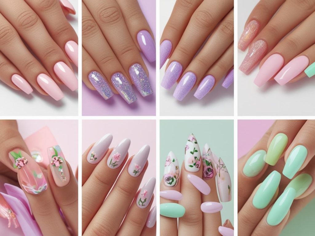 Pastel Nail Designs 2025: Soft and Chic Trends for Stunning Manicures 4 Top 2025 pastel nail trends featuring classic, glitter, floral, and ombre designs for Pinterest inspiration