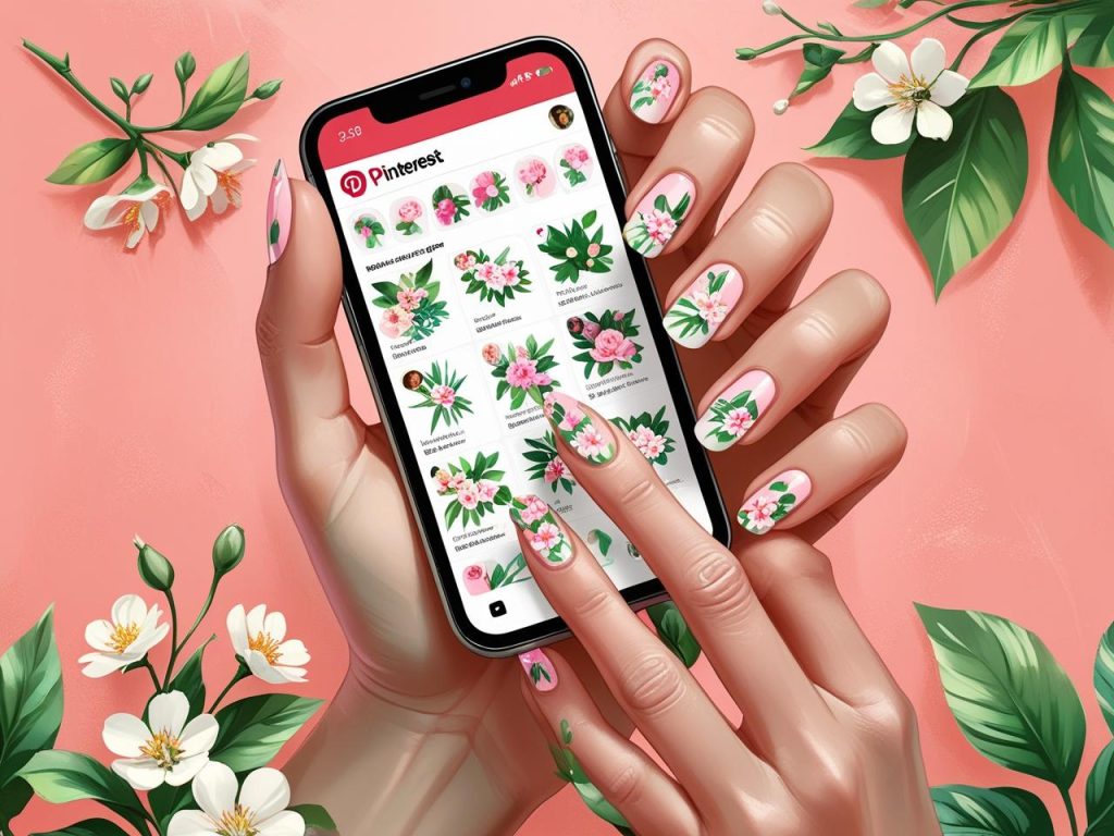 Floral Summer Nails 2025: Bright and Romantic Trends for Stunning Manicures 3 Classic floral summer nails with white flowers on a Pinterest board, showcasing 2025 floral nail trends