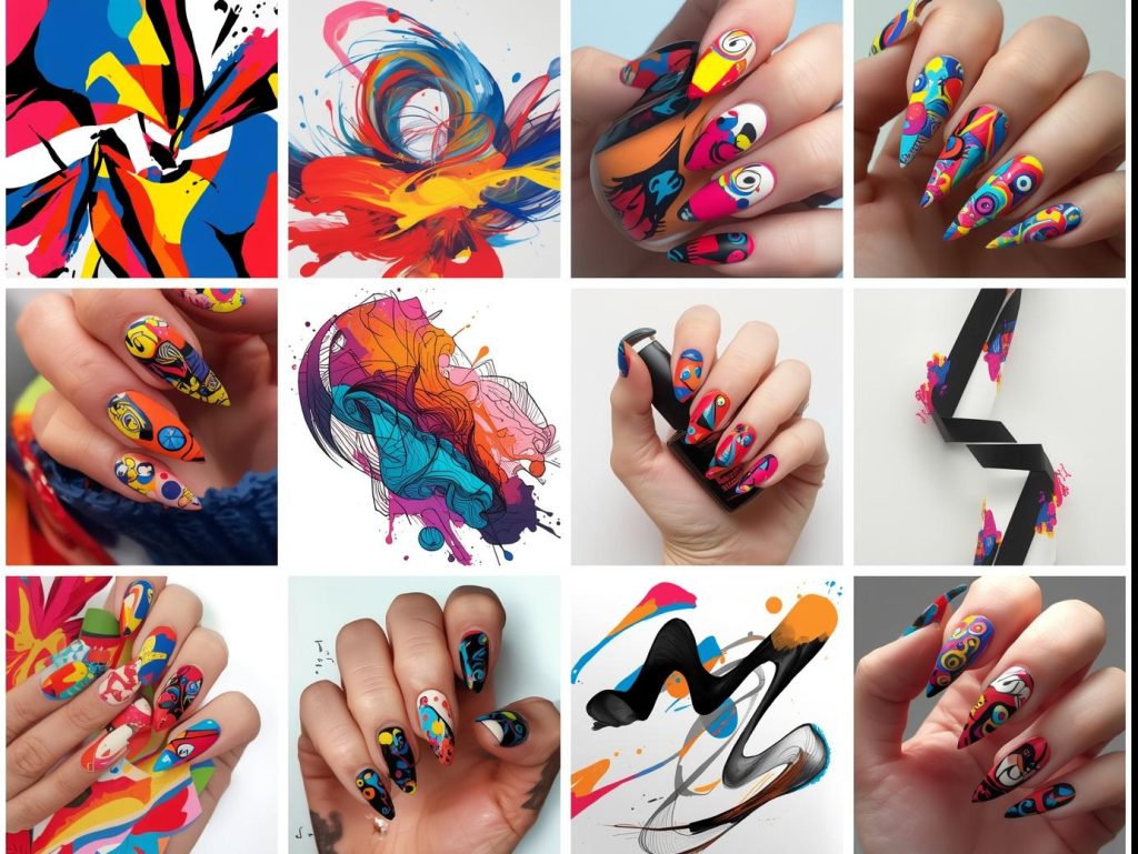 A creative collage featuring bold and colorful abstract nail art designs. Each close-up shot displays unique styles: geometric patterns, swirls, splashes of color, asymmetric lines, and modern minimalist shapes. The collage is arranged in a trendy grid layout with a clean, light background that enhances the vibrant designs. Perfect for a Pinterest or blog featured image showcasing artistic and eye-catching abstract nail art inspiration.