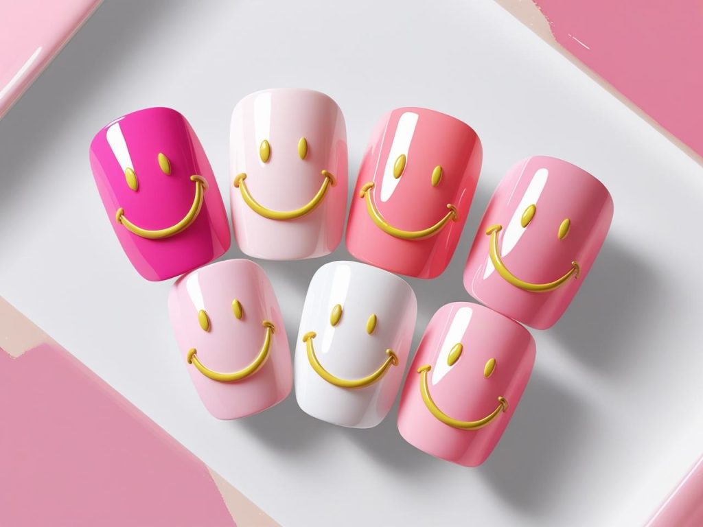 Cute Summer Nails: Playful and Chic Trends for Stunning Manicures 12 Ombre smiley cute summer nail designs with pink-to-white gradient and smiley faces