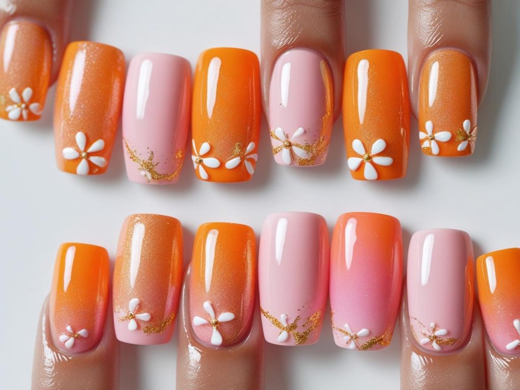 Summer Nail Inspo: Bold and Beautiful Trends for Stunning Manicures 11 Gradient sunset summer nail inspo designs with orange-to-pink gradient and shimmer