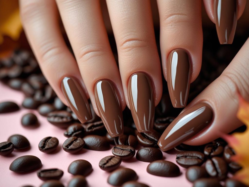 Mocha mousse nail trends 2025 with creamy brown polish.