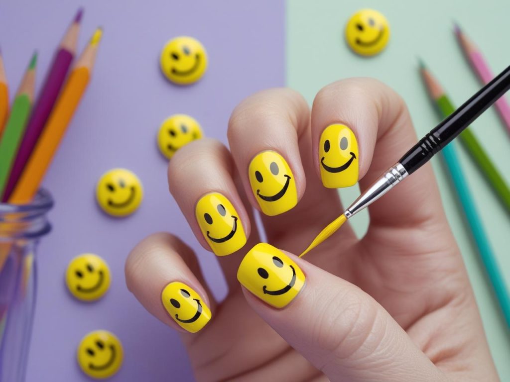 Creating emoji nails 6th grade trends with smiley face designs