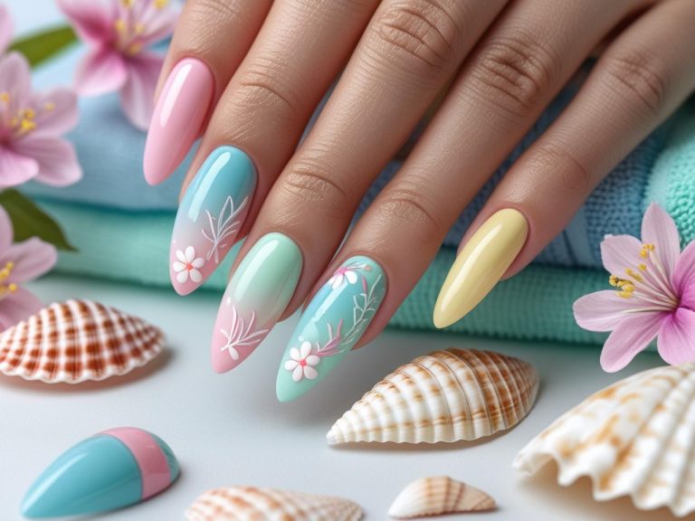 Close-up of pastel summer nails in soft shades of pink, blue, green, yellow, and lavender, with floral and ombre designs, almond-shaped nails posed with summer accessories like sunglasses and seashells on a light, airy background