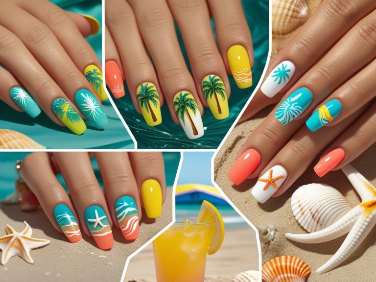 Collage of vibrant beach vibes nails featuring tropical designs like palm trees, ocean waves, seashells, and sunset gradients in bright summer colors, styled with beach accessories for a fresh and sunny look.