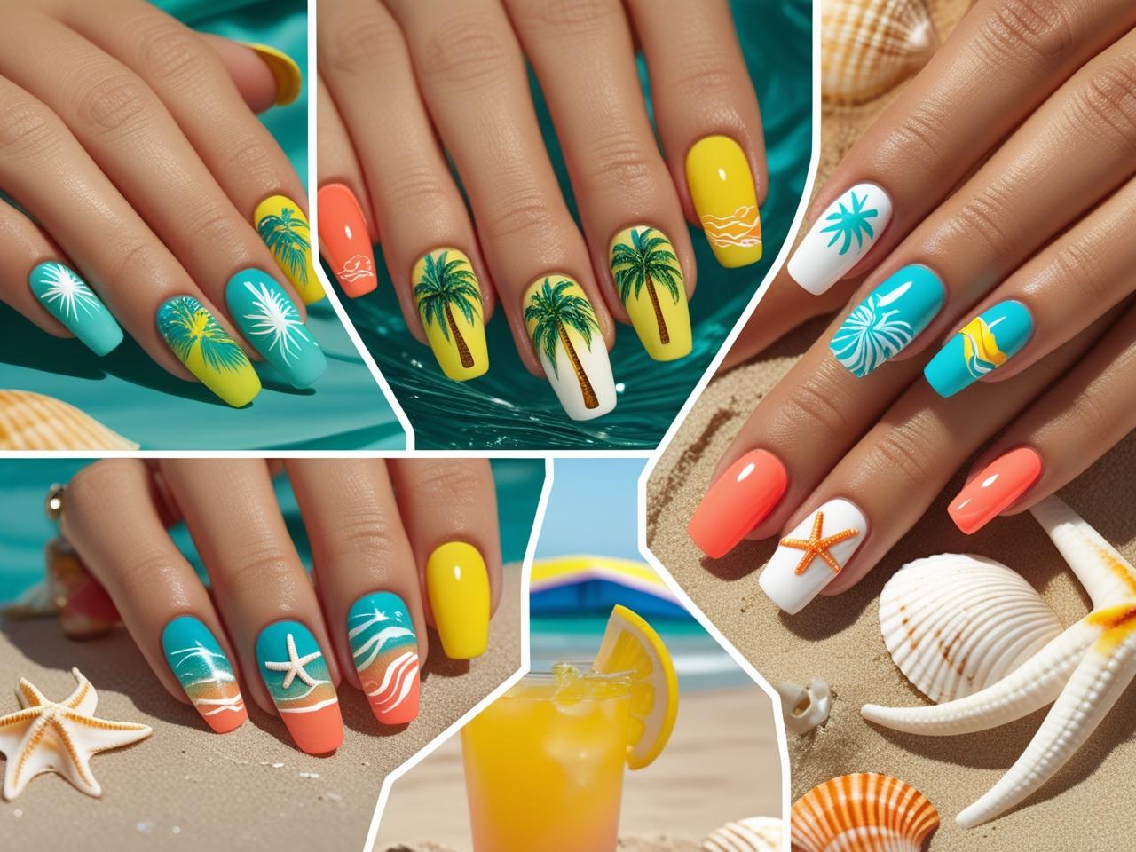 Collage of vibrant beach vibes nails featuring tropical designs like palm trees, ocean waves, seashells, and sunset gradients in bright summer colors, styled with beach accessories for a fresh and sunny look.