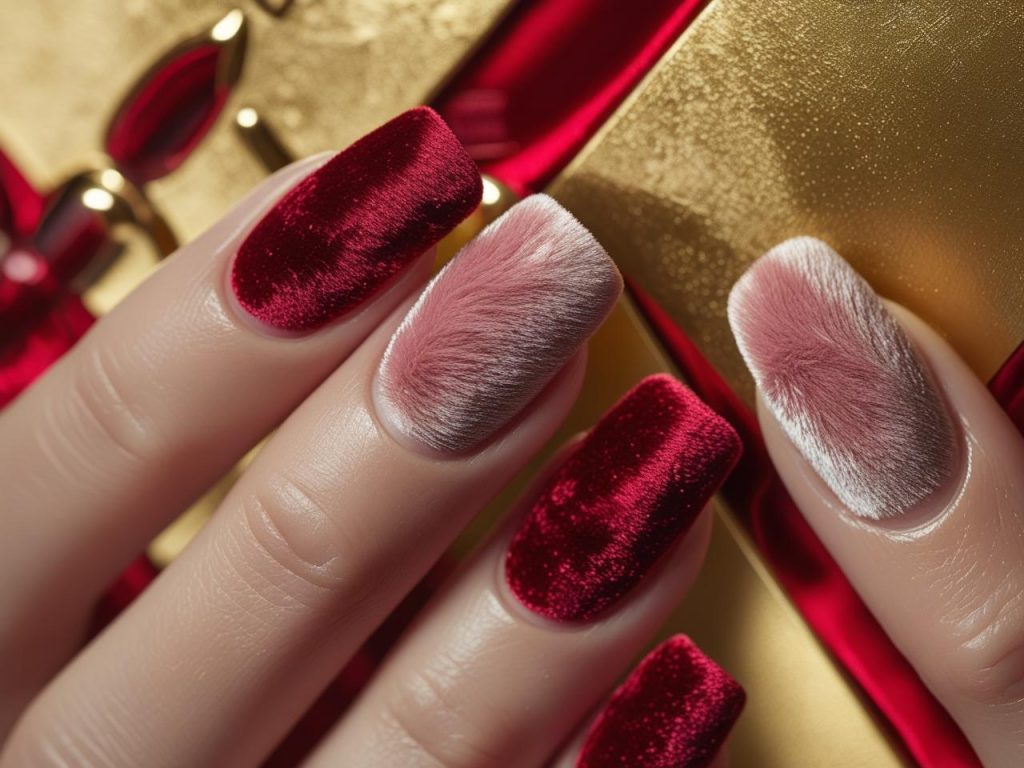Viral Nail Designs: Bold and Shareable Manicures for Every Style 7 Velvet Pinterest nail trends with fuzzy red polish