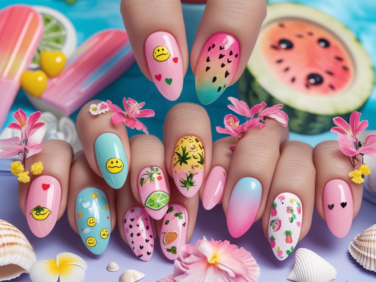 Collage of cute summer nails featuring colorful designs like hearts, smiley faces, fruit slices, pastel ombre, and flowers, styled with fun summer props for a bright and playful look.