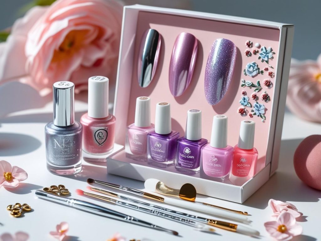 Viral Nail Designs: Bold and Shareable Manicures for Every Style 10 Nail art kit with polish and tools for Pinterest nail trends.