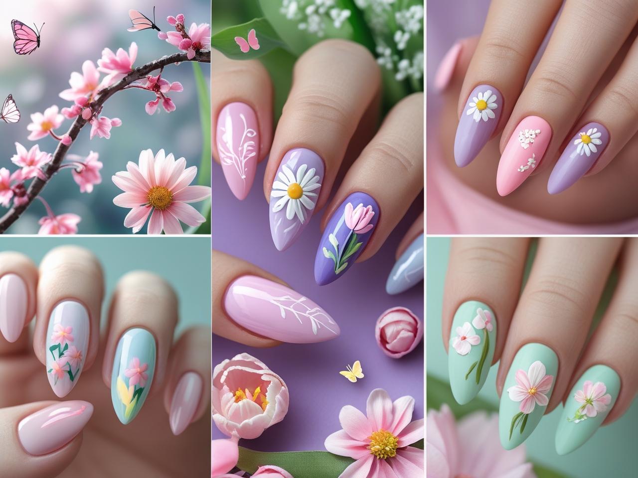 Collage of spring-inspired nail designs with daisies, tulips, cherry blossoms, pastel ombre, and delicate floral accents, styled with soft greenery and a bright, fresh spring vibe.