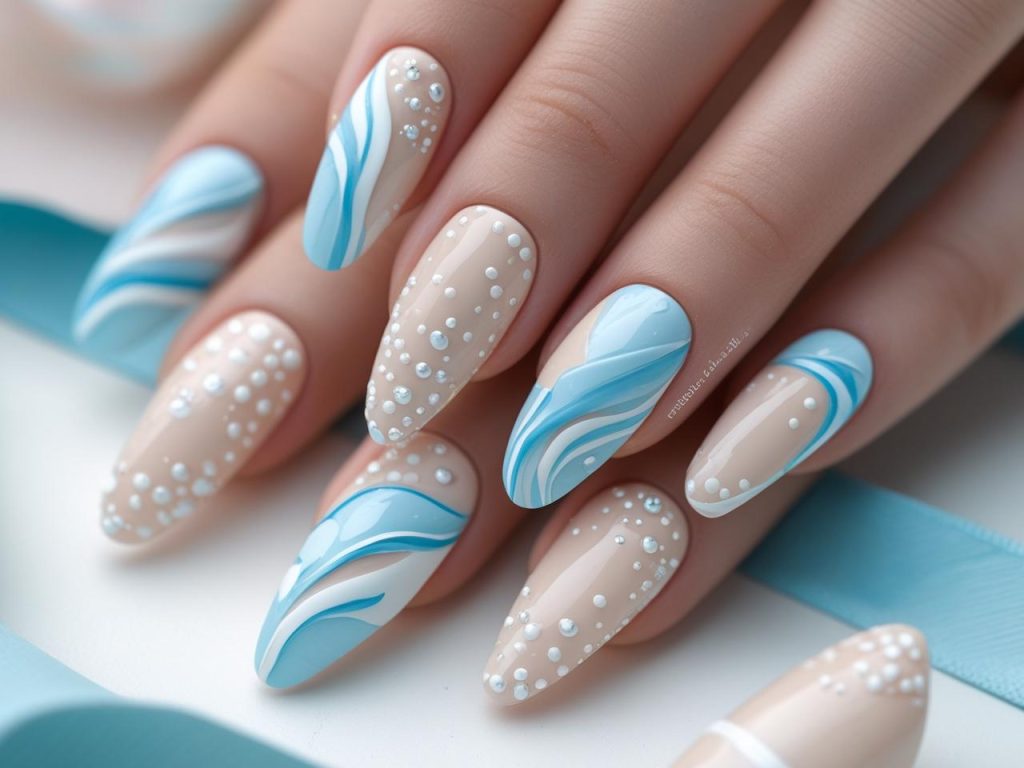 Abstract nail trends 2026 with pastel blue swirls for a creative look