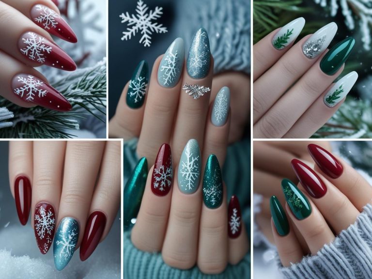 Collage of winter-themed nail designs featuring snowflakes, frosty gradients, deep reds, emerald greens, icy blues, and metallic accents, with cozy seasonal backgrounds.