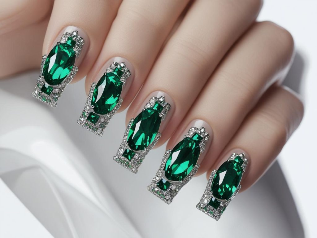 Gemstone nail trends 2026 with emerald green accents for a luxurious look