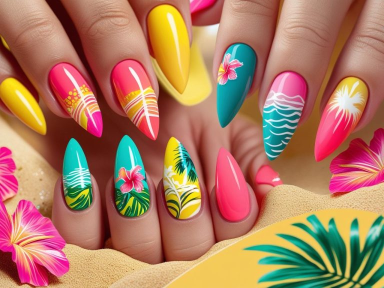Collage of summer nail designs in bright tropical colors with patterns of palm trees, flowers, fruity prints, and ocean-inspired art on various nail shapes.