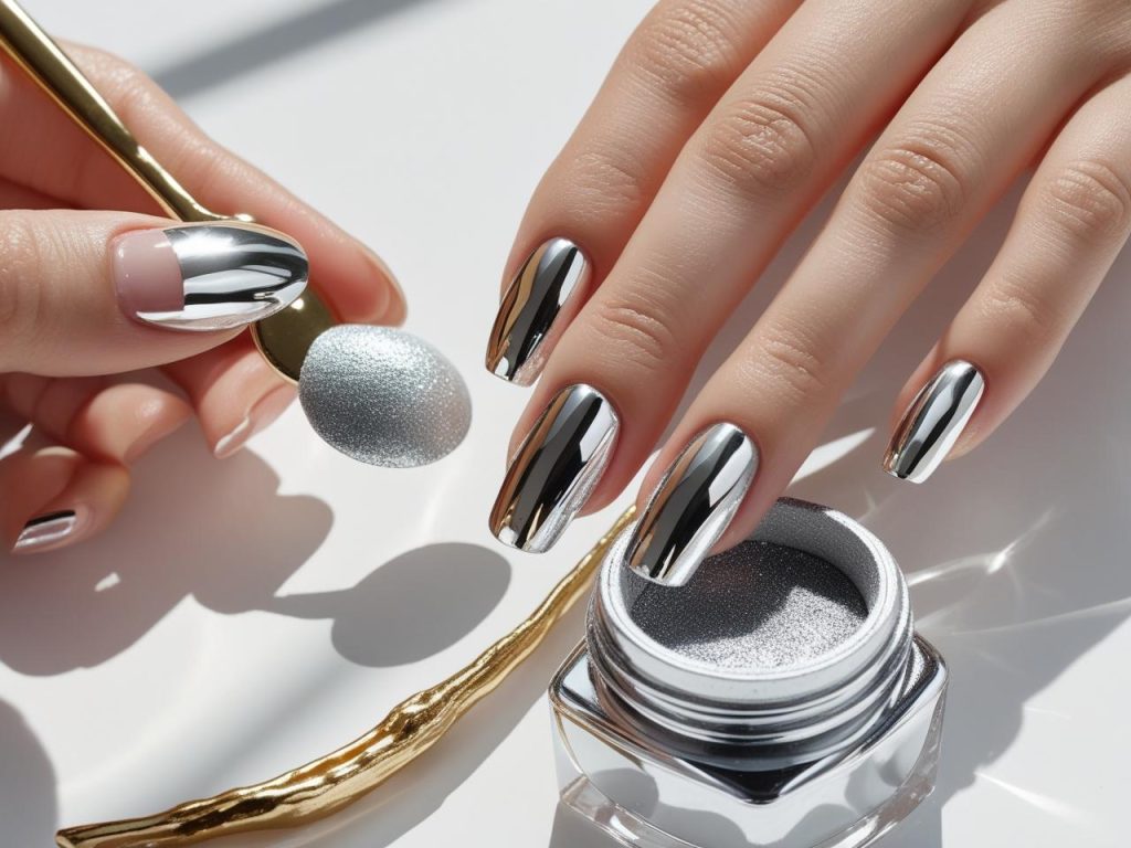 Creating chrome mirror nail trends 2025 with metallic powder