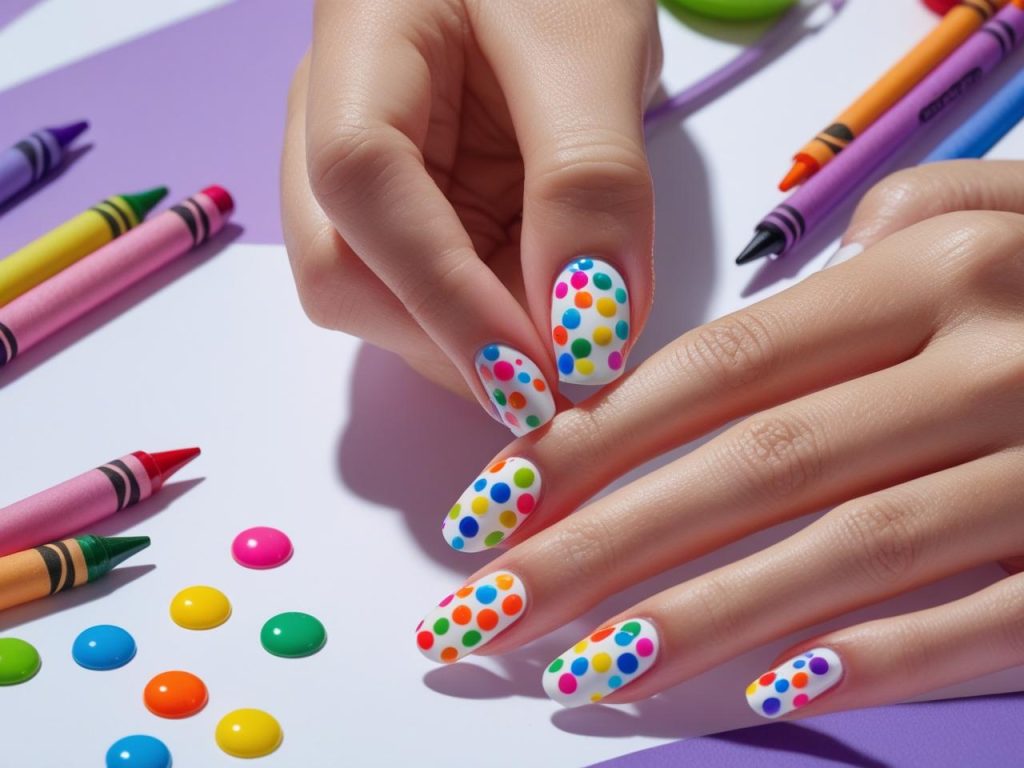 Creating rainbow dot nails 6th grade trends with multicolored polka dots