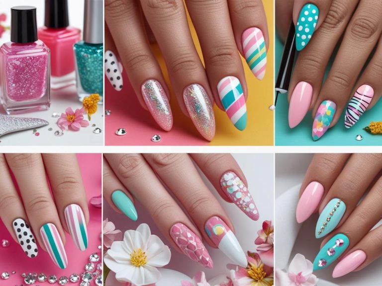 Collage of colorful DIY nail art designs featuring florals, glitter, geometric patterns, and ombré styles, with nail tools and polish bottles in the background.