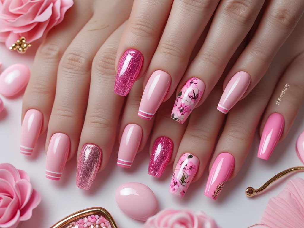 Pink Nail Designs 2025: Vibrant and Chic Trends for Stunning Manicures 2 2025 pink nail designs with pastel gloss, hot pink glitter, French tip, and floral effects for Pinterest inspiration