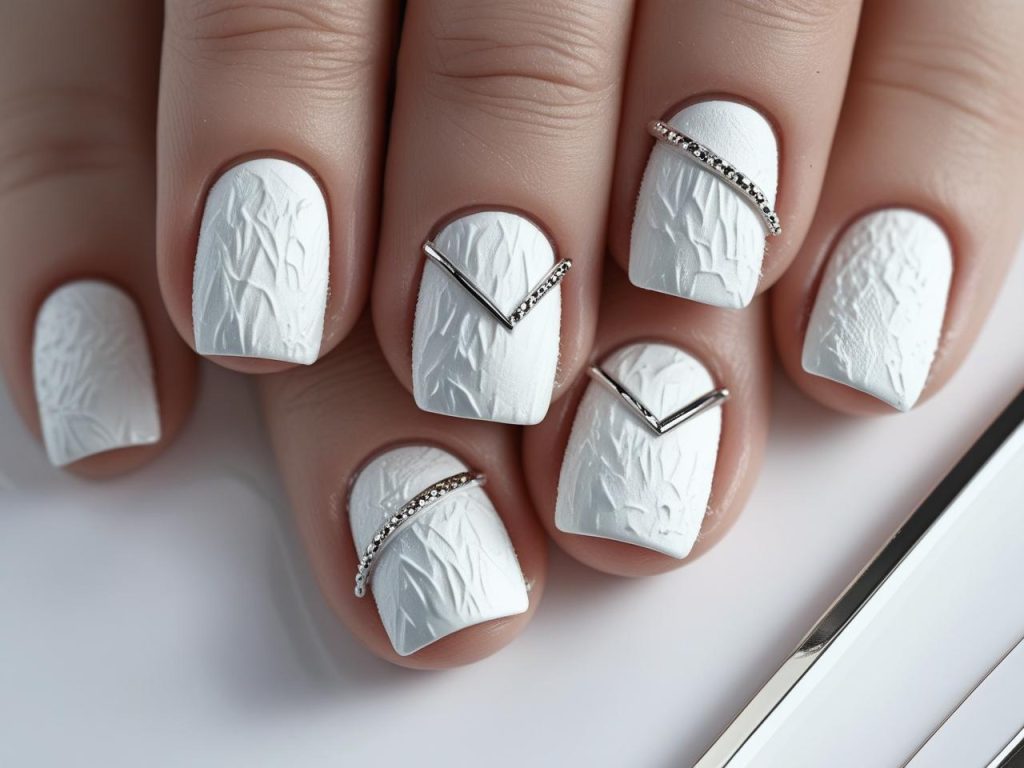 Textured nail trends 2026 with a white matte finish for a tactile look